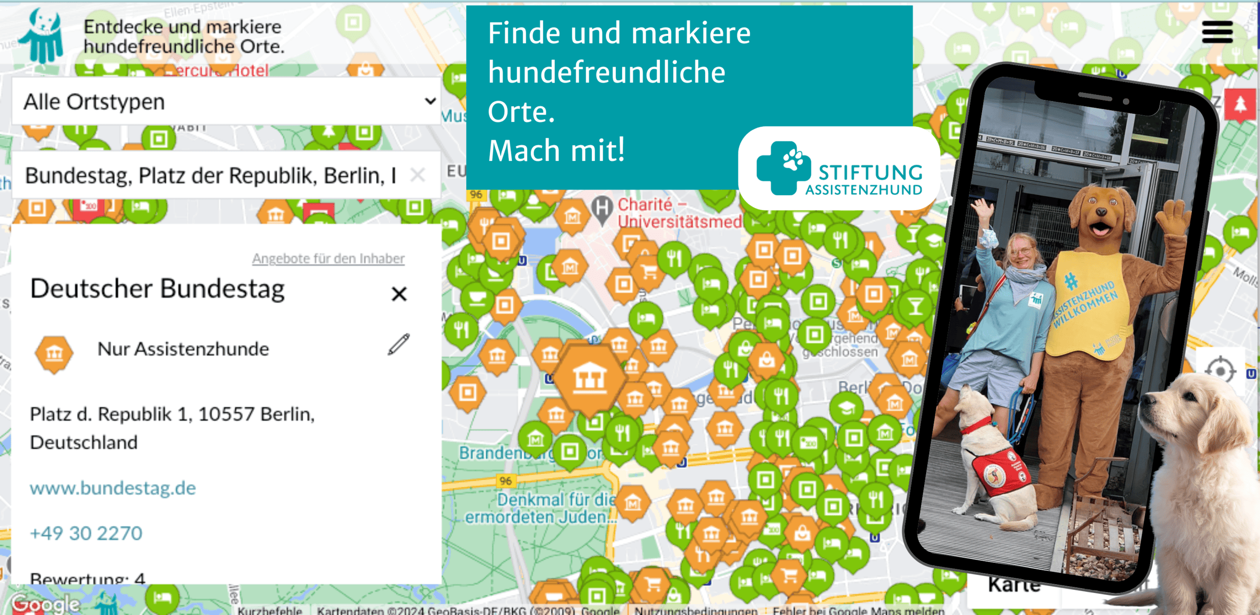 DogMap screenshot with green and orange markers and a mobile phone, showing an assistance dog team and our mascot, waving.